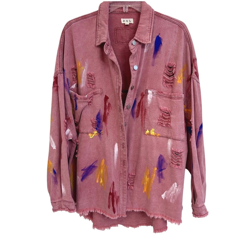 POL Pink Boho Edgy Distressed Paint Splatter Denim Shirt Jacket Shacket Womens L